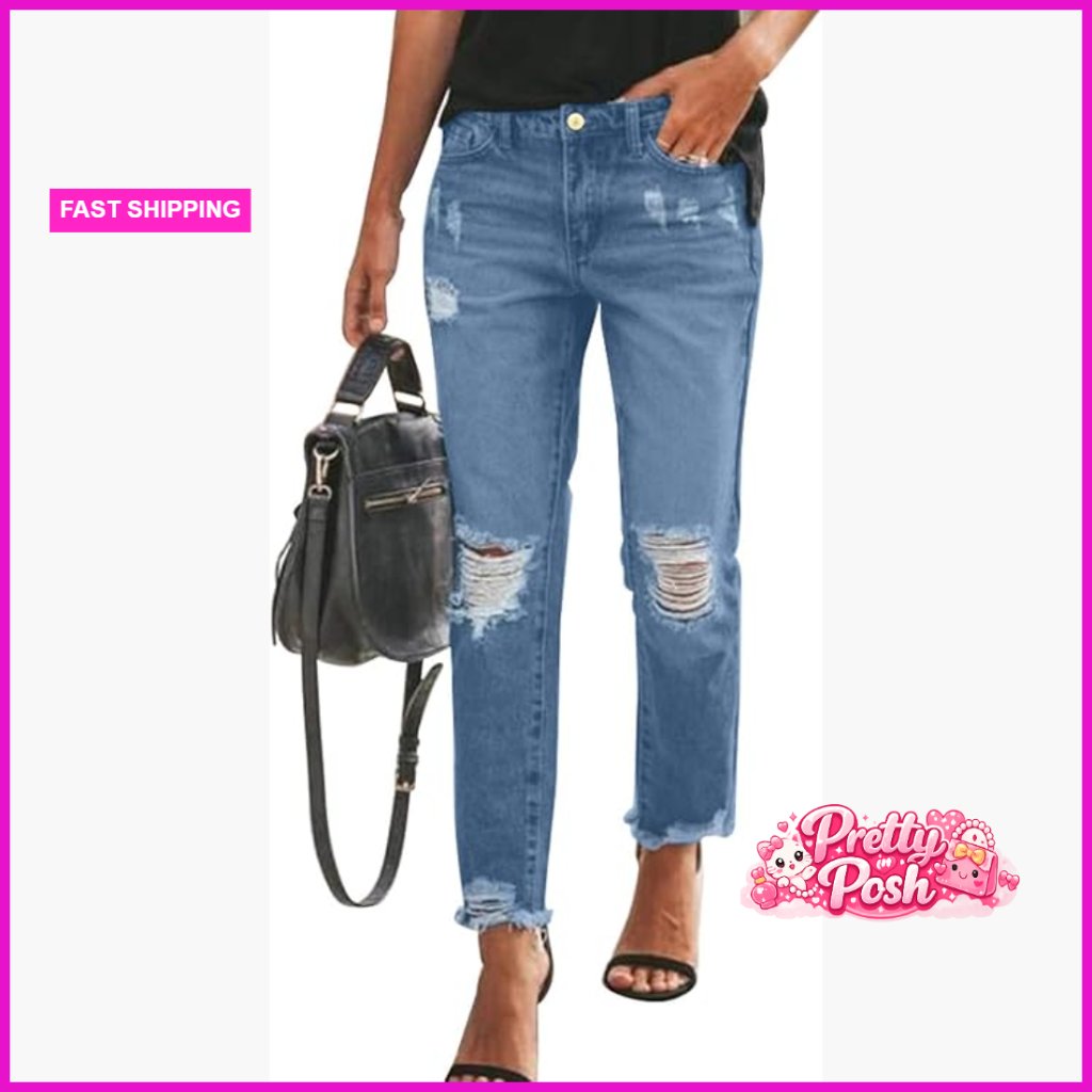 Stretchy Ripped Distressed Zimbaplatinum Denim Boyfriend Jeans